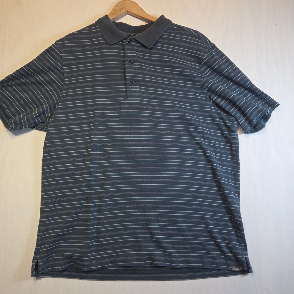 Eddie Bauer Men's Large Gray Blue Striped Short Sleeve Polo Shirt Casual
